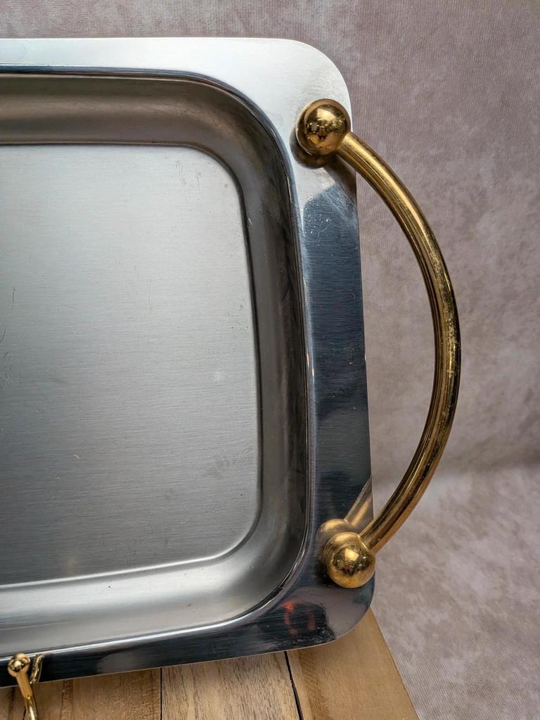 Plateau de service vintage Guy Degrenne inox 18/10 poignées dorées