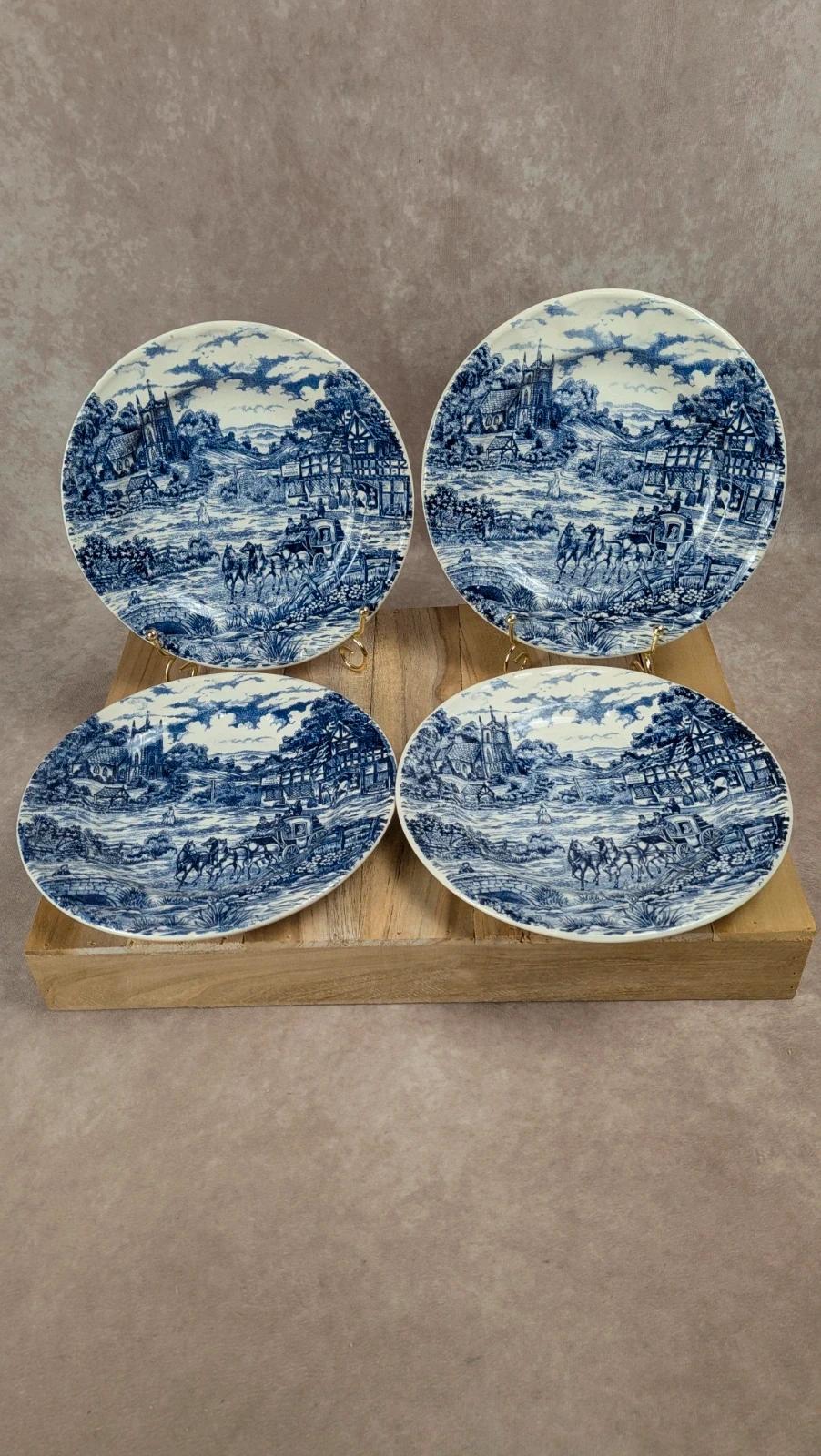 Lot de 4 assiettes à dessert décor village anglais – bleu & blanc