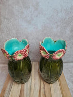Paire de vases barbotine Francis Mas 🌸 céramique verte fleurs Art nouveau