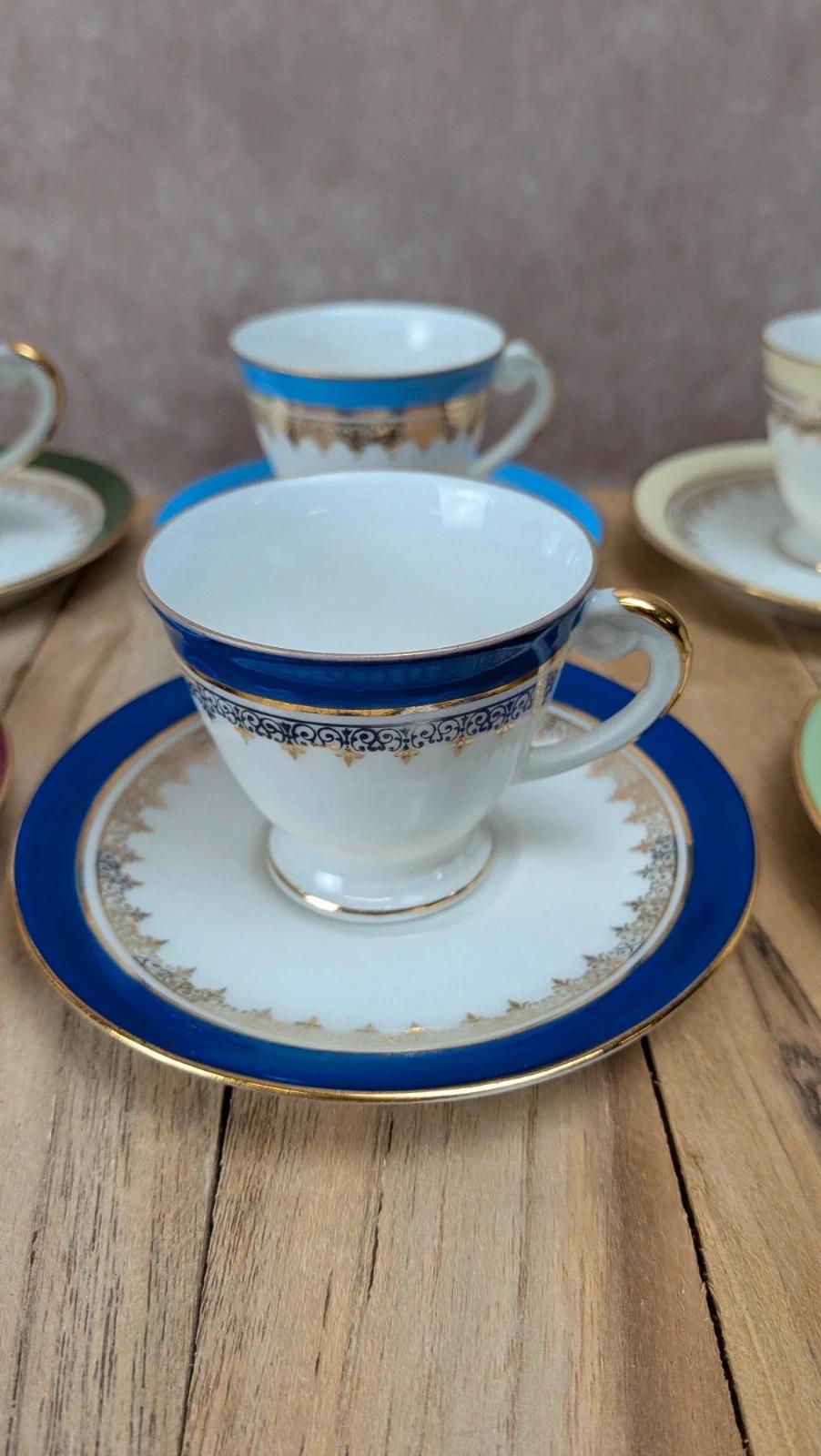 Lot 6 tasses et soucoupes en porcelaine de Limoges multicolores dorées