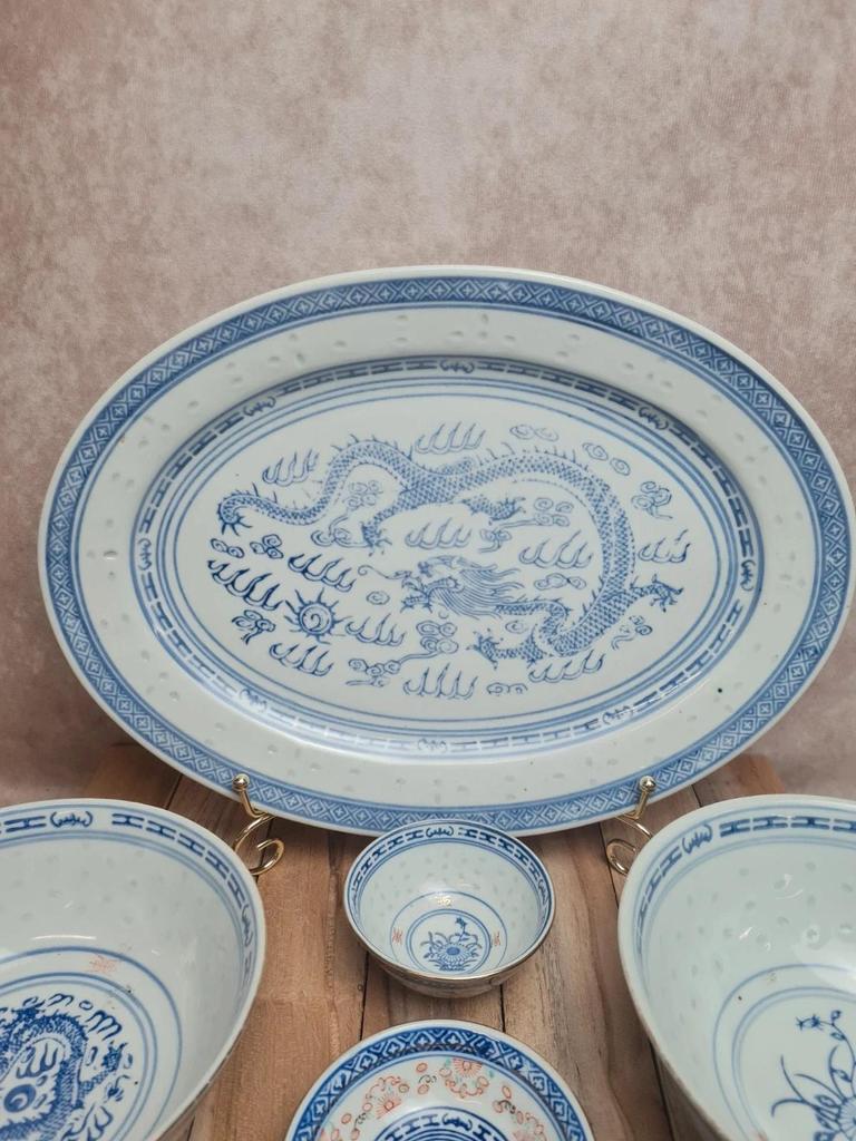 Service chinois vintage complet – 3 personnes – décor bleu & rouge – idéal sushi 🍣