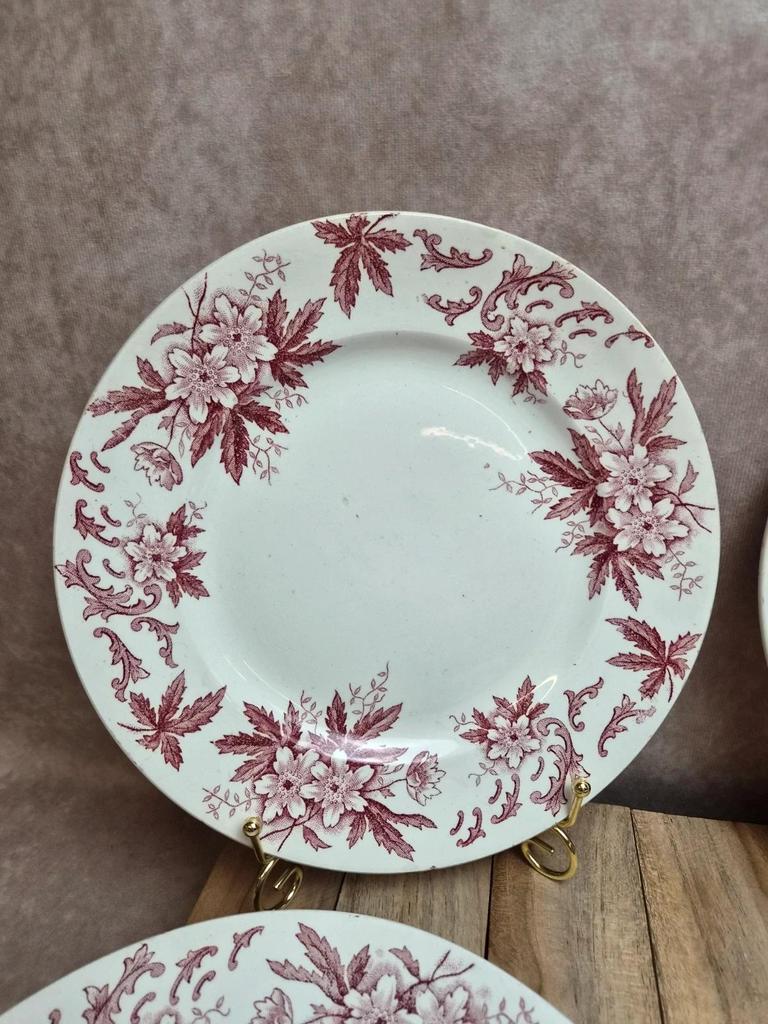 Lot de 6 assiettes plates vintage Amandinoise modèle Anémone 🌸 Terre de fer ancienne décor bordeaux
