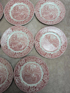 Assiettes à dessert anglaises terre de fer J Broadhurst Constable Series toile de Jouy rouge