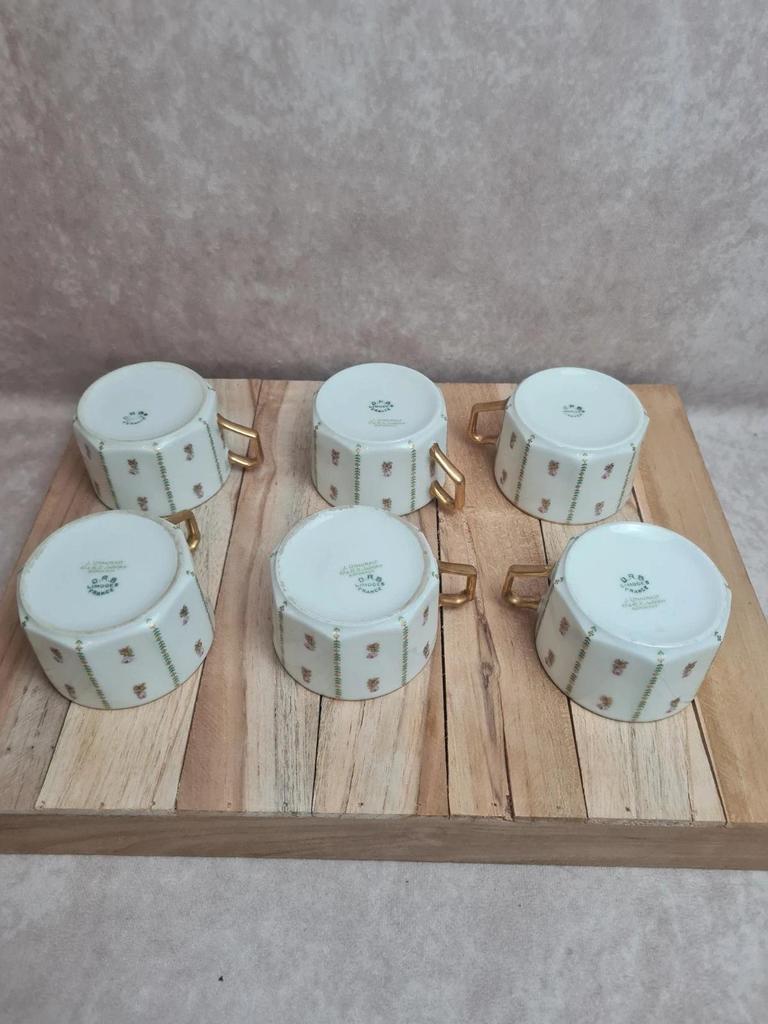 Lot de 6 tasses et soucoupes anciennes Limoges Drb – Art Déco doré 🌸