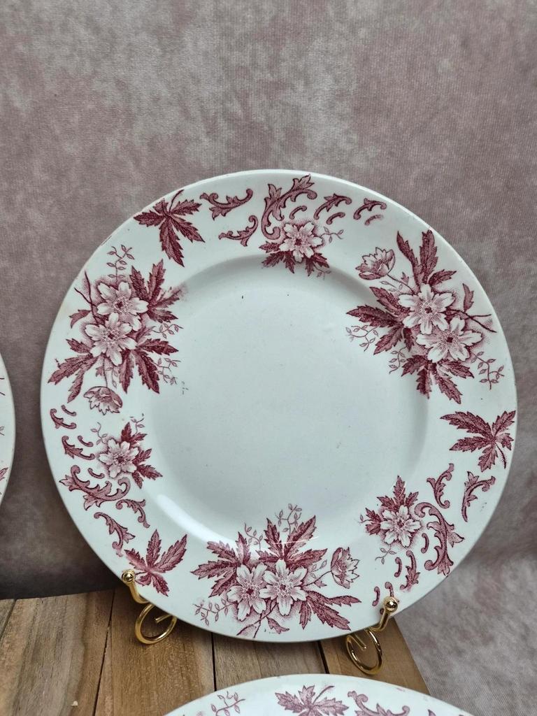 Lot de 6 assiettes plates vintage Amandinoise modèle Anémone 🌸 Terre de fer ancienne décor bordeaux