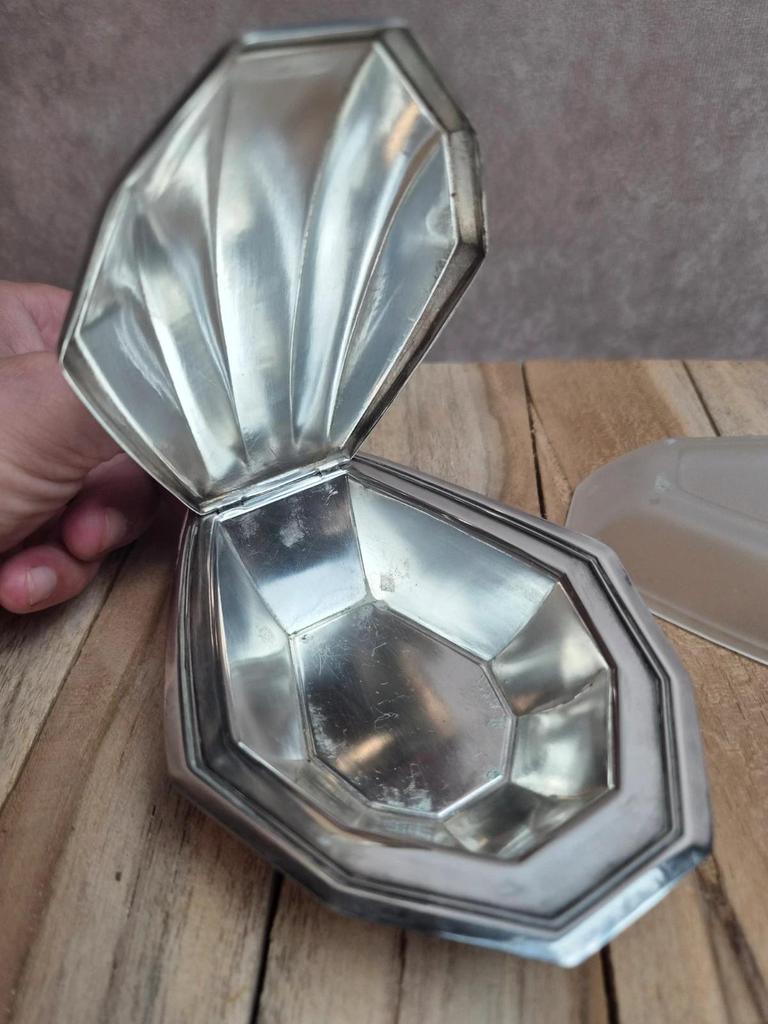 Beurrier à caviar Art déco vintage métal argenté verre dépoli coquille