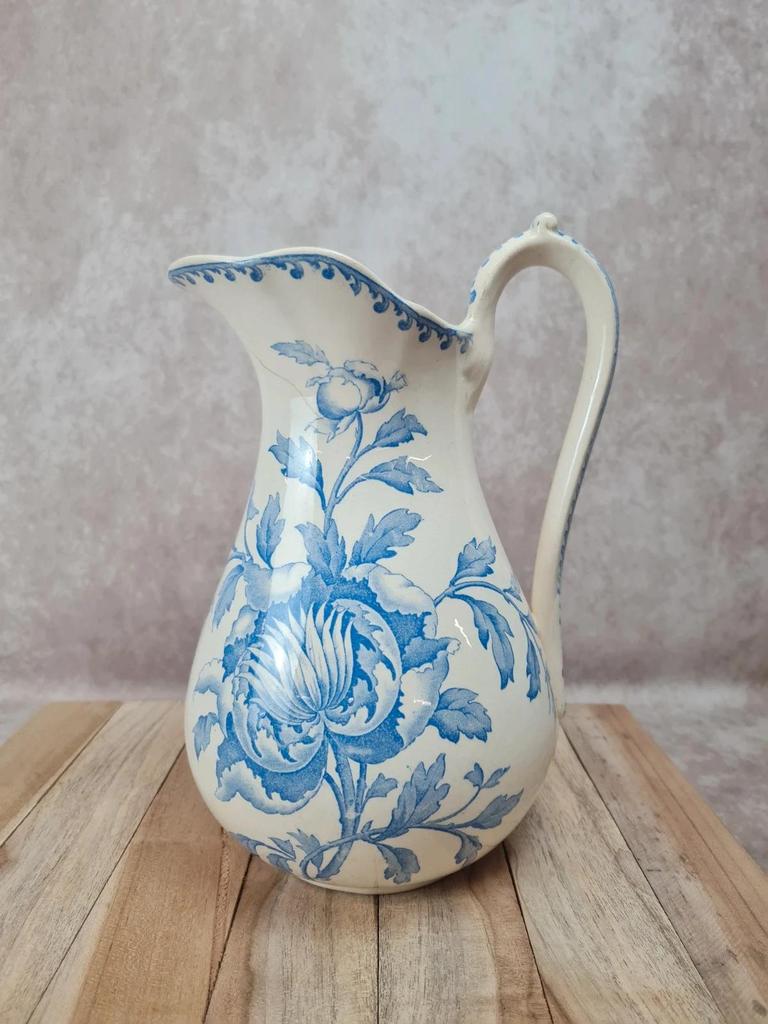 Grande cruche ancienne faïence bleu et blanc – style Sarreguemines / Creil-montereau – 29 cm