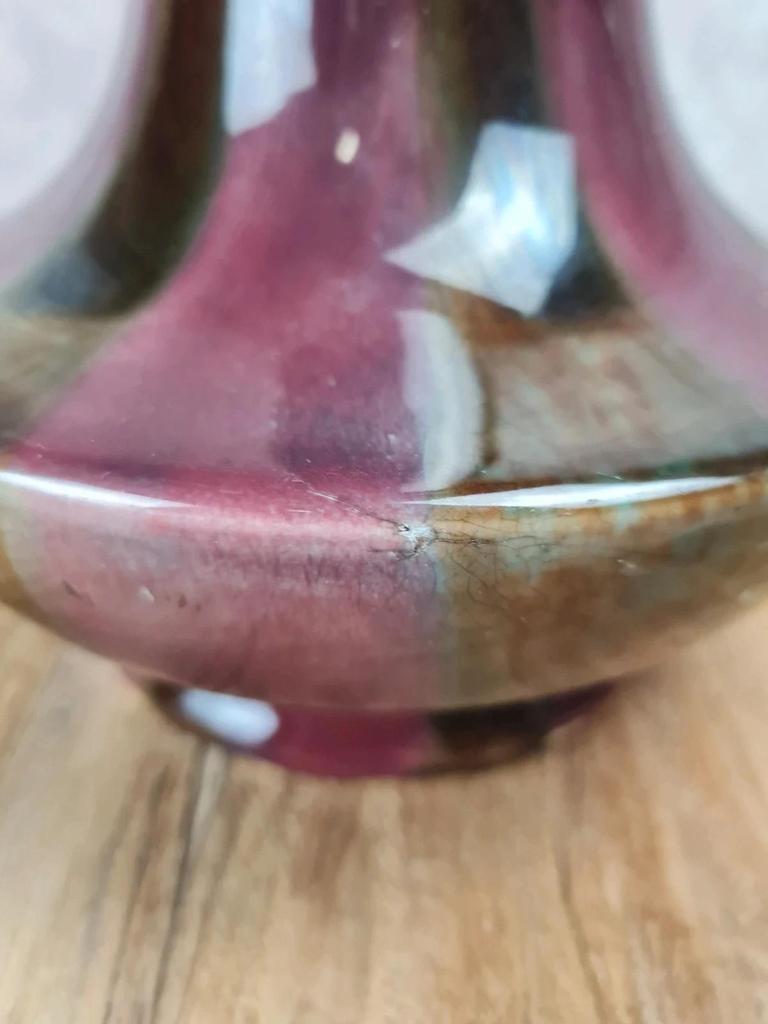 Grand vase ancien Fives-lille – signé Gustave De Bruyne 💐 Émail flammé vert & lie-de-vin