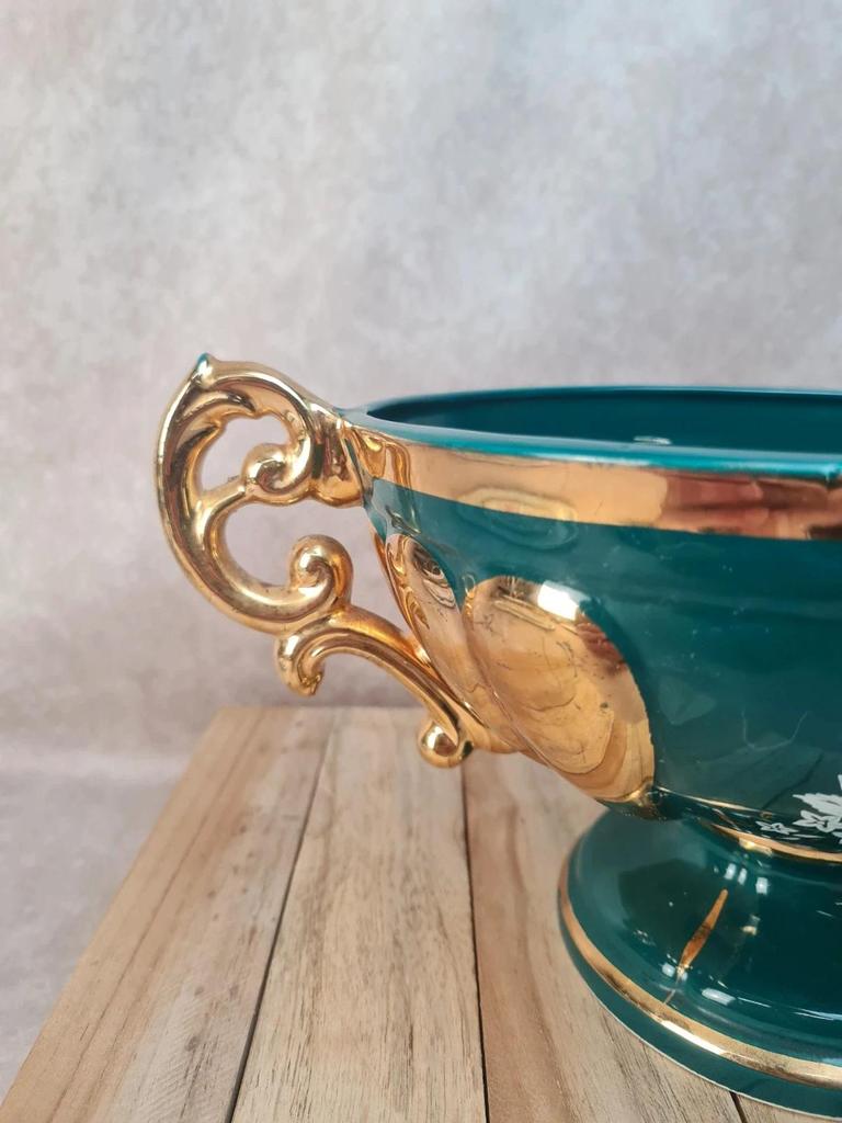 Coupe sur pied vintage italienne Cal vert profond & dorures – centre de table élégant 🌿💛