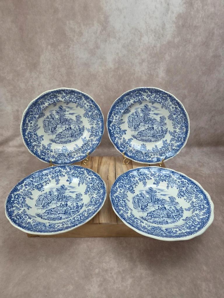 Lot de 4 assiettes creuses vintage Lunéville modèle English – décor Toile de Jouy bleu 💙