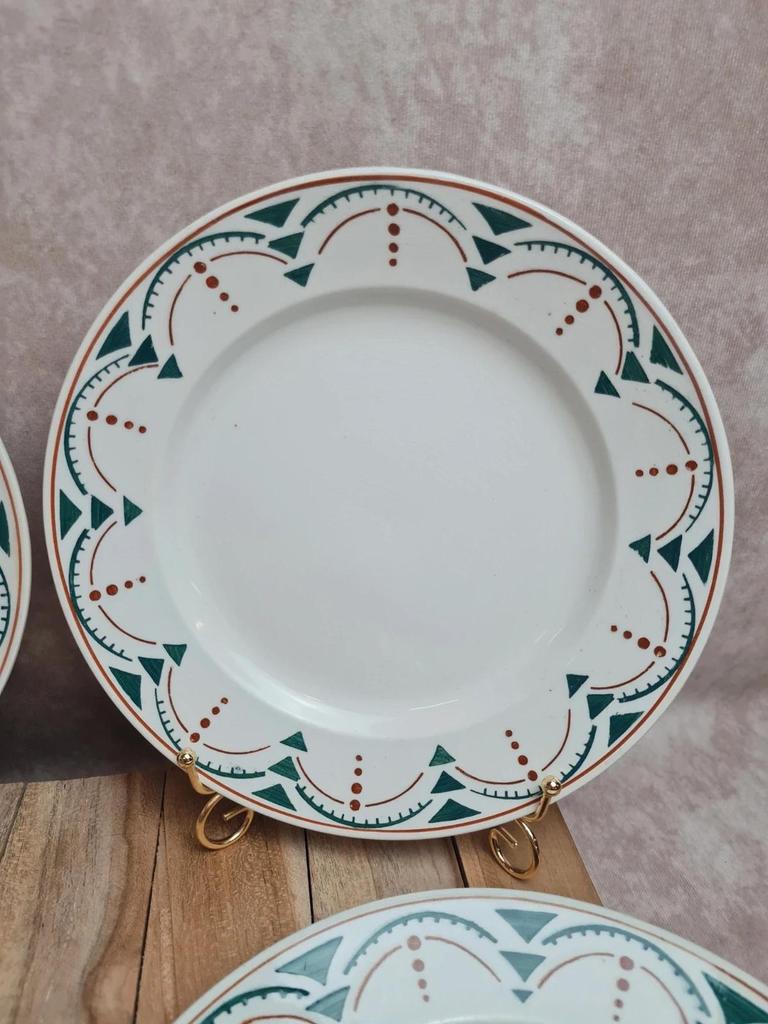 Lot 4 assiettes plates anciennes Badonviller Lunéville modèle Succao vert & brun