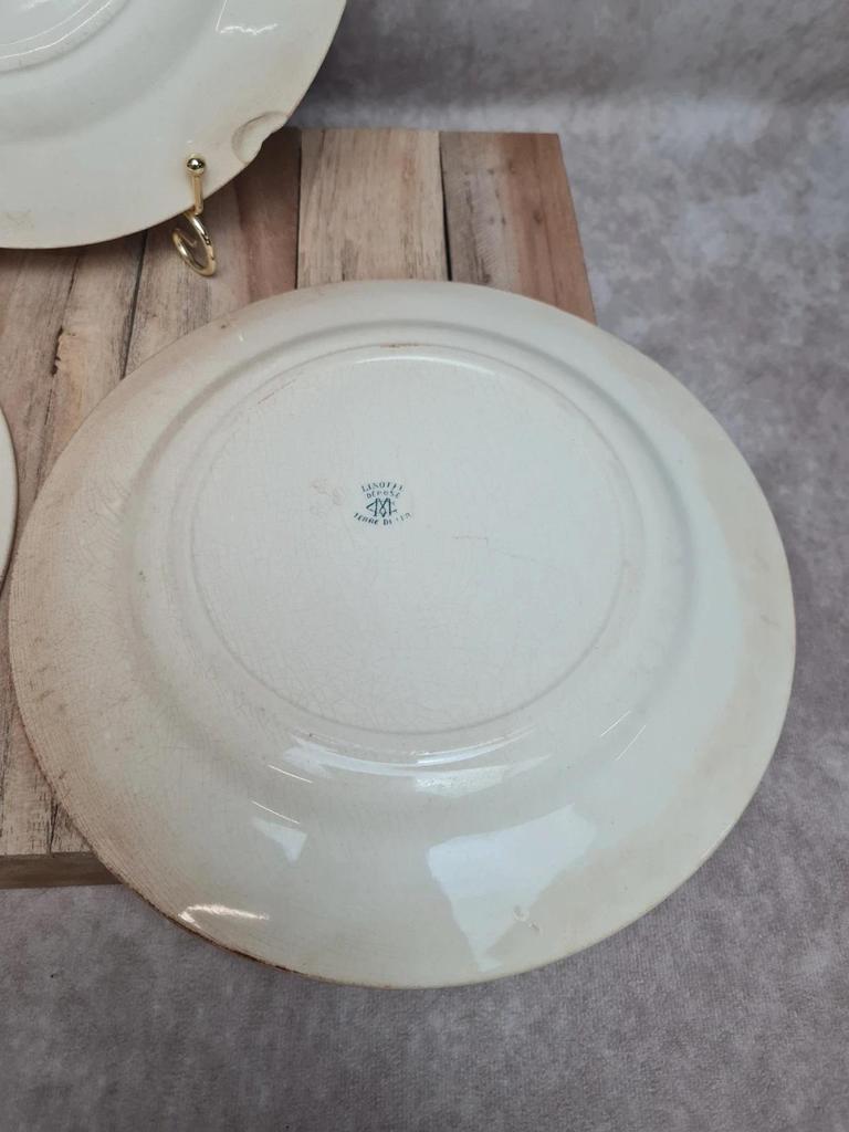 Assiettes Terre de Fer Creil & Montereau Linotte oiseaux vert – lot de 3 anciennes