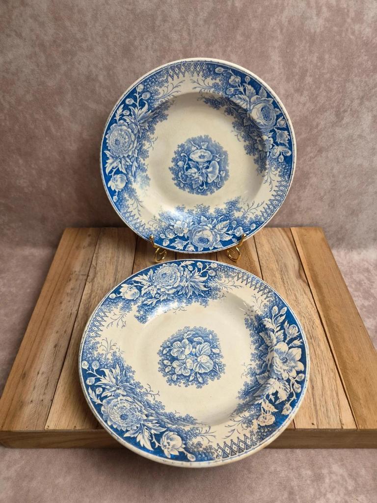 Lot de 2 assiettes creuses en terre de fer Sarreguemines – Modèle Jardinière – Décors variés