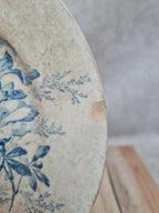 Assiette ancienne terre de fer décor floral bleu romantique pivoine fleurs Xixe
