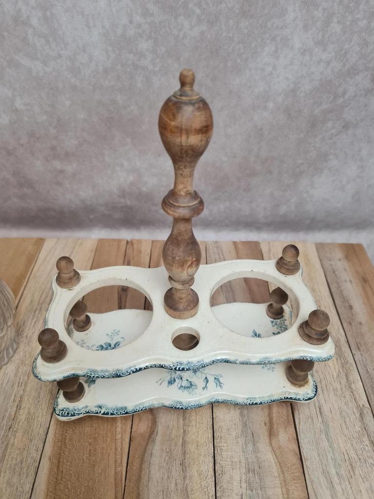 Serviteur huile vinaigre ancien Terre de Fer attribué Gien décor floral bleu 💙