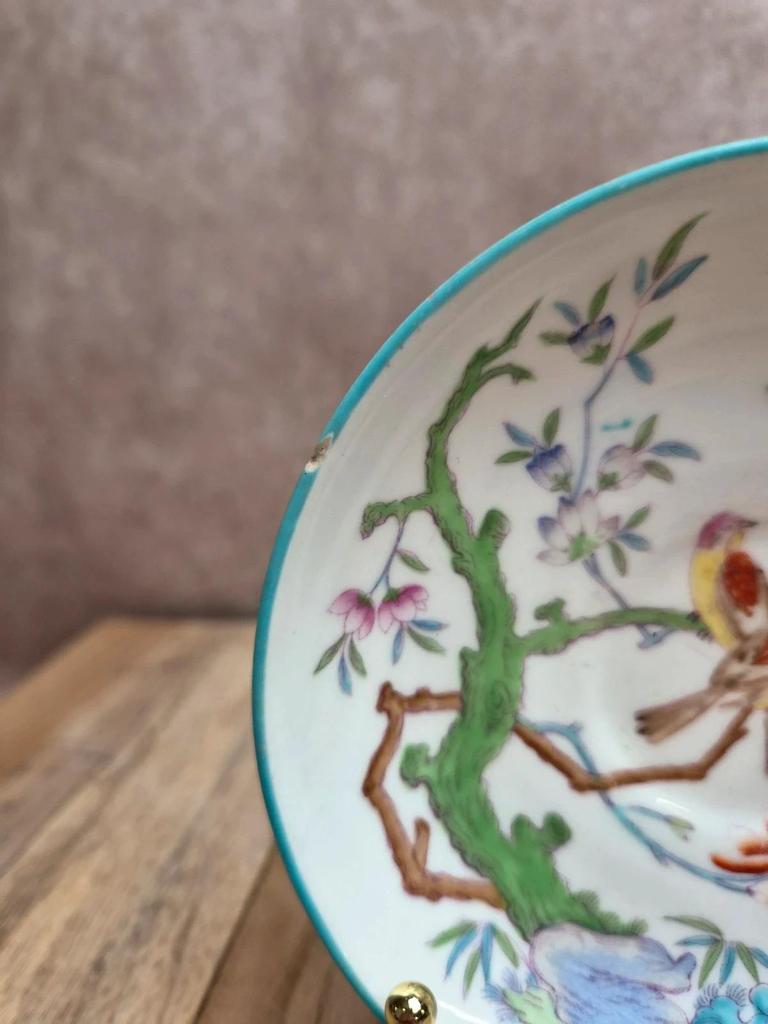 Sous-tasse ancienne Minton English Porcelain – décor oiseaux & branche fleurie – esprit chinois