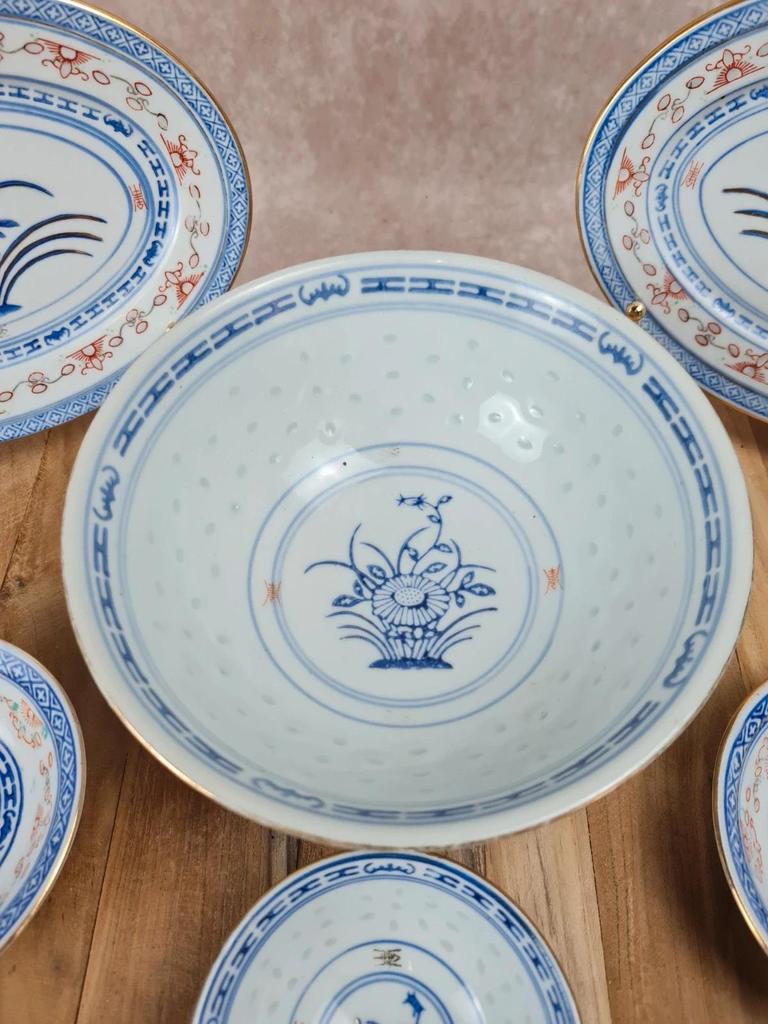 🏺 Ensemble en porcelaine chinoise vintage, décor bleu, rouge et or, 6 pièces
