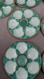 Service 12 assiettes à huîtres + grand plat Longchamp majolique vert coquillage vintage