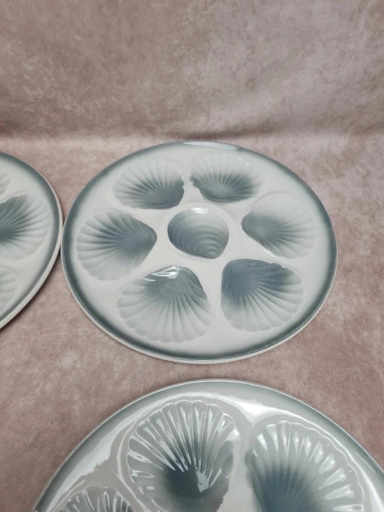 Lot 12 assiettes à huîtres + plat Moulin des Loups – service ancien bleu gris 🌊🦪