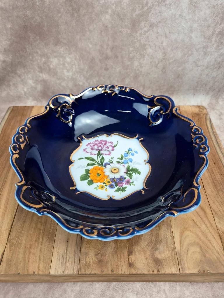Saladier vintage en porcelaine Porfin Cluj-napoca – bleu cobalt et doré
