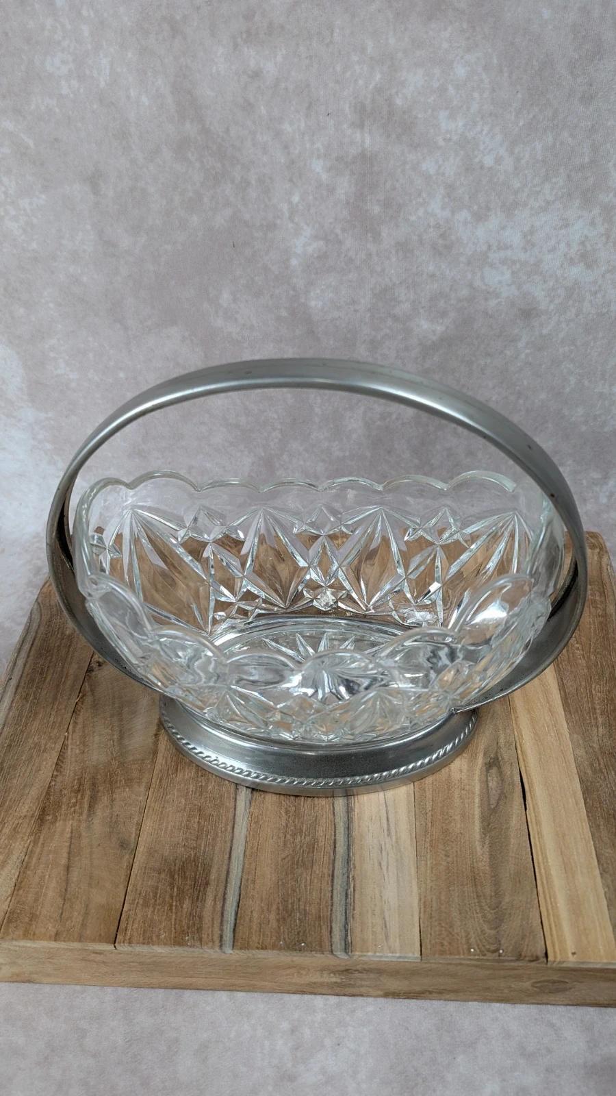 Corbeille vintage en verre taillé et métal argenté