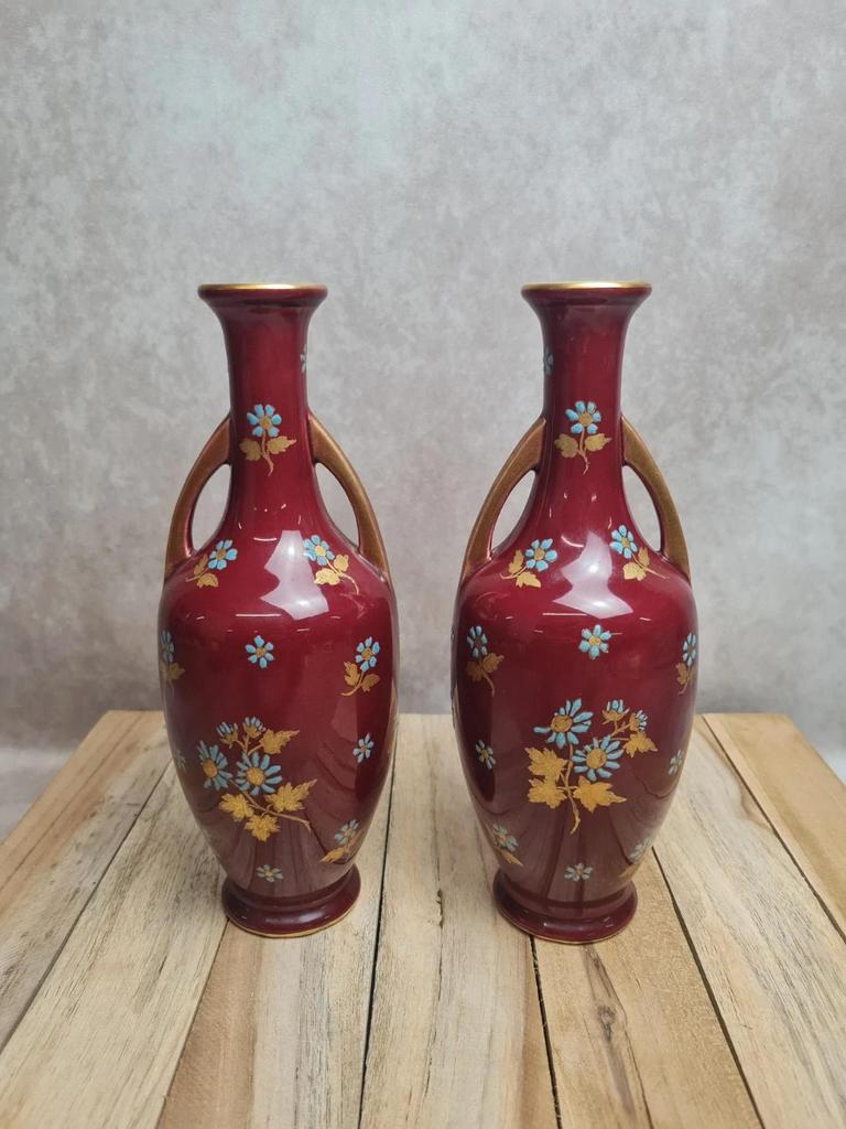 Paire de vases Sarreguemines modèle 1729 – vers 1895 – dépôt Émile Bourgeois – pièce rare