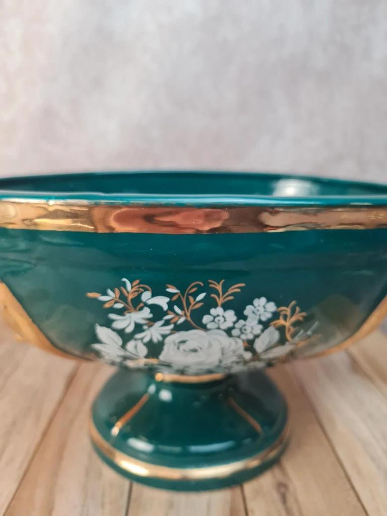 Coupe sur pied vintage italienne Cal vert profond & dorures – centre de table élégant 🌿💛