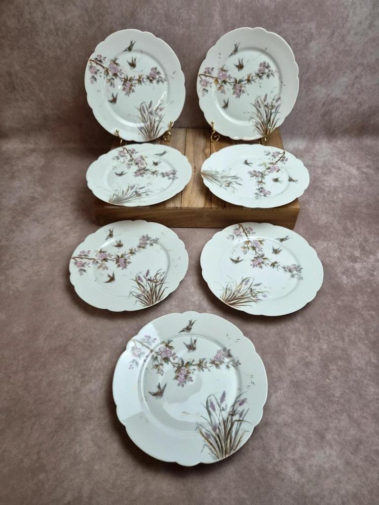 Lot de 7 assiettes anciennes en porcelaine – Décor oiseaux et fleurs polychromes