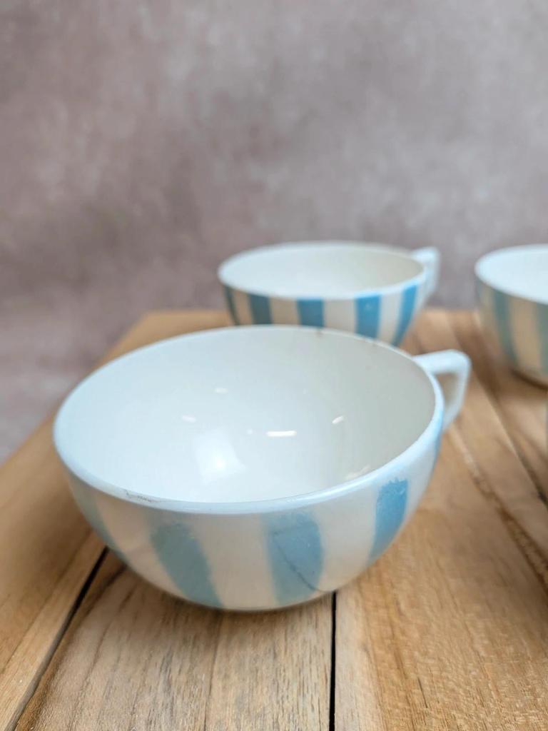 Lot de 6 tasses Terre de Fer Digoin France rayures bleues vintage