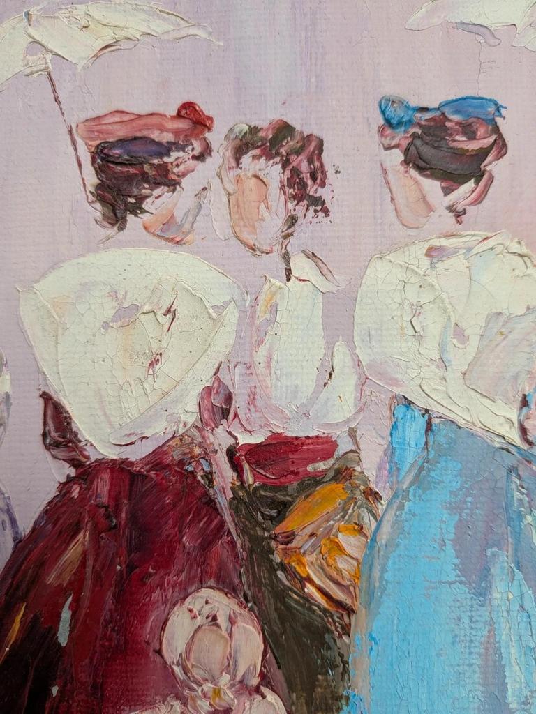 Tableau peinture au couteau signé M Hevillez scène élégante romantique relief