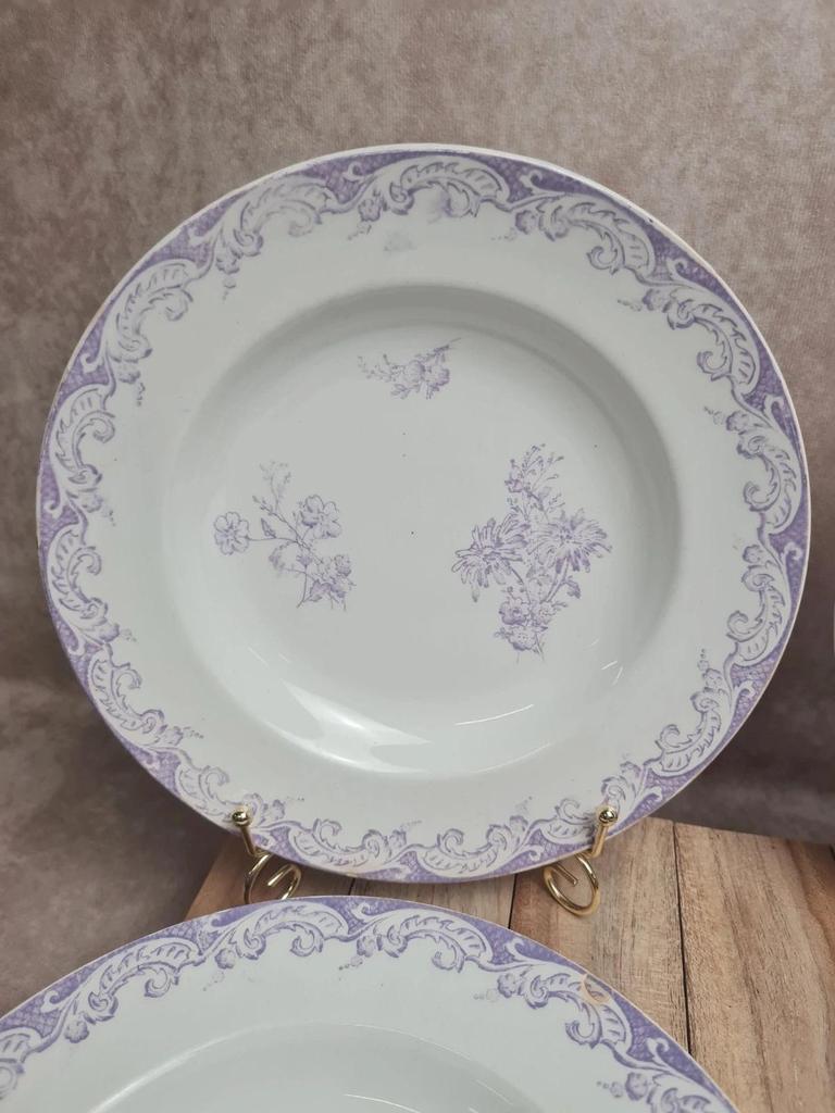 Lot 5 assiettes creuses Terre de Fer Creil & Montereau Service Louis Xv lilas rare