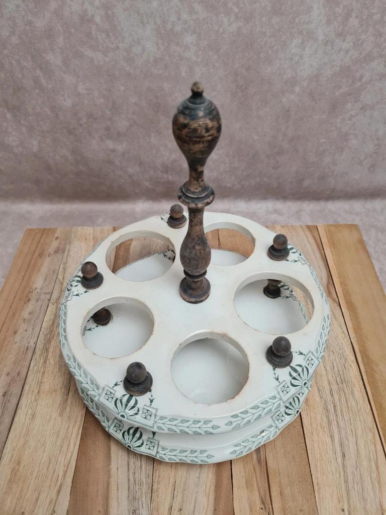Huilier vinaigrier ancien Gien Clara terre de fer présentoir flacons verre Xixe 🏺