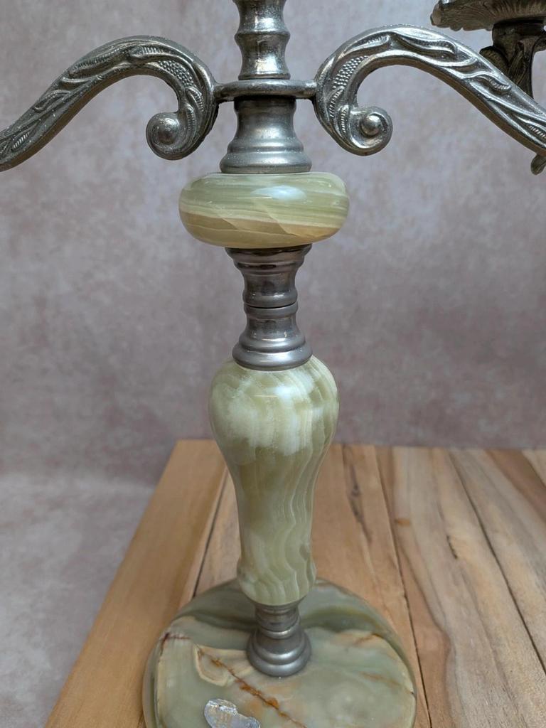 Paire de chandeliers vintage 3 feux métal argenté & onyx – Made in Italy