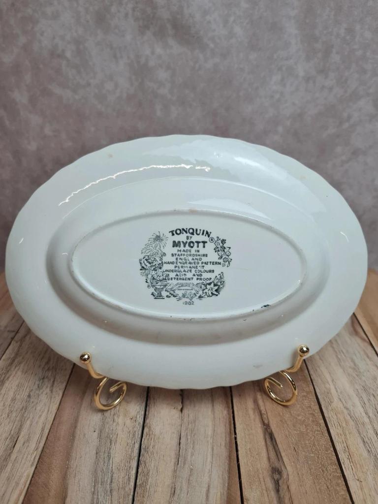 Ravier ancien Tonquin Myott décor toile de Jouy bleu – bord dentelé