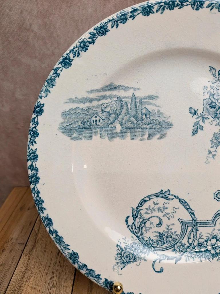 Assiette à dessert terre de fer Clairefontaine Buffon bleu décor paysage ancien