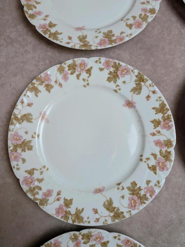 Lot de 6 assiettes vintage en porcelaine française – décor floral rose