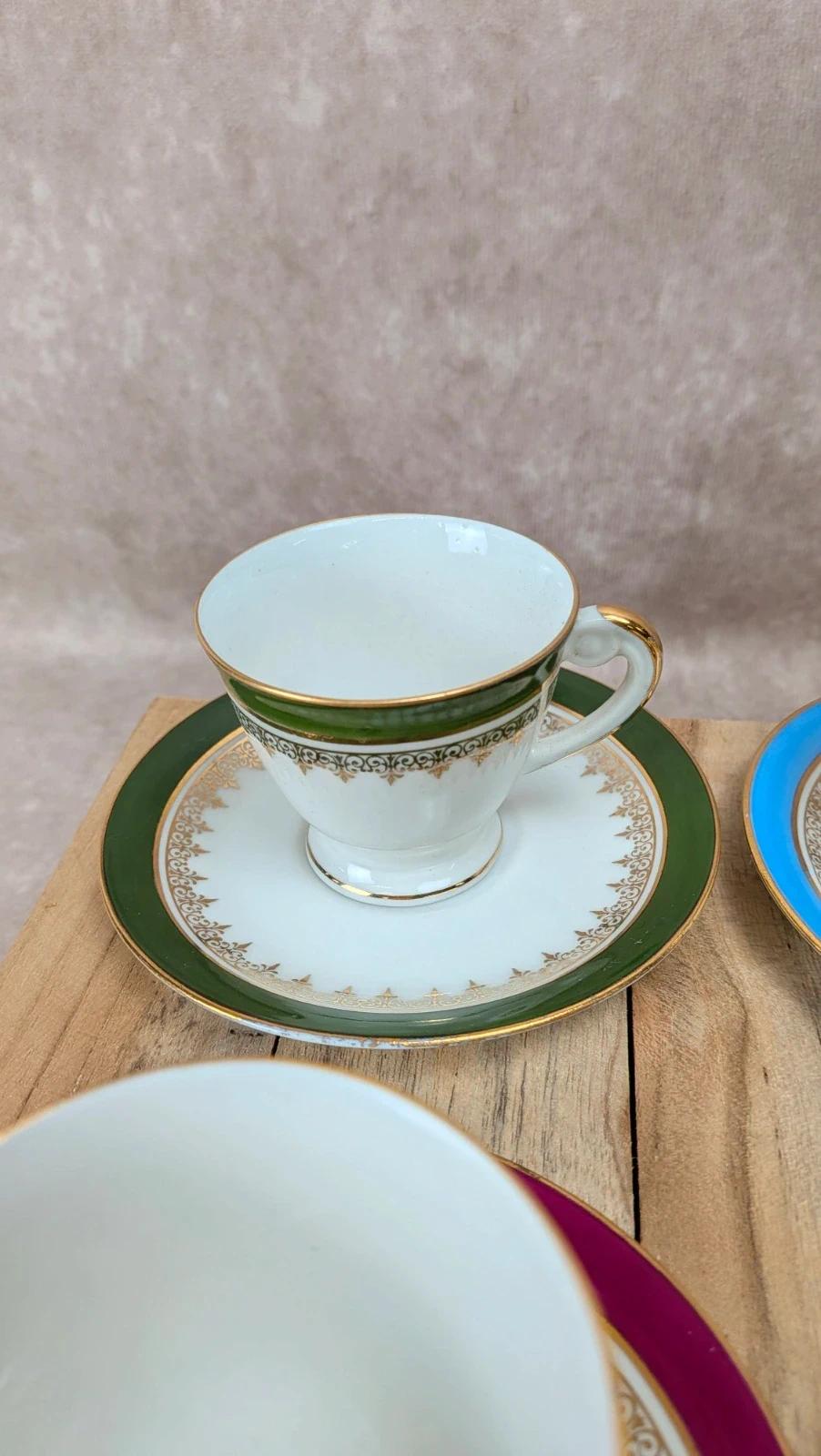 Lot 6 tasses et soucoupes en porcelaine de Limoges multicolores dorées