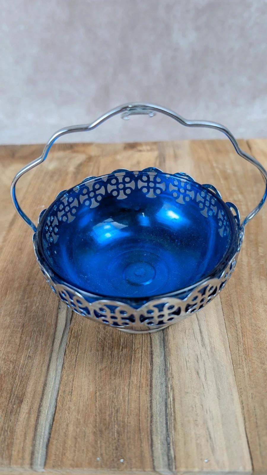 Sucrier vintage en métal argenté & verre bleu cobalt