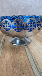 Sucrier vintage en métal argenté & verre bleu cobalt