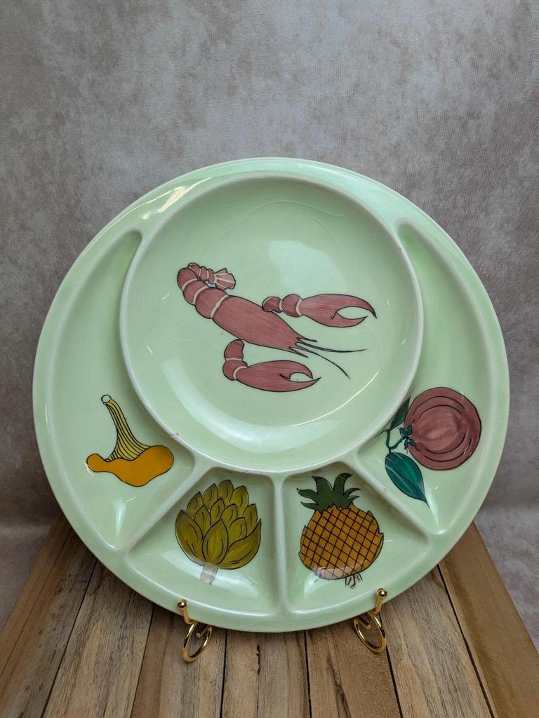 Plat compartiment vintage Déco Gourmet – crevettes & fruits – esprit années 60