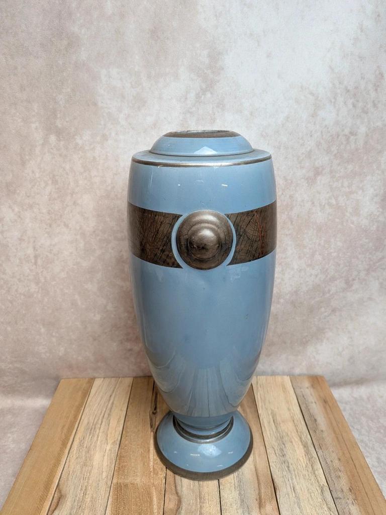 Vase Art Déco Maurice Pinon Tours céramique bleue décor stylisé