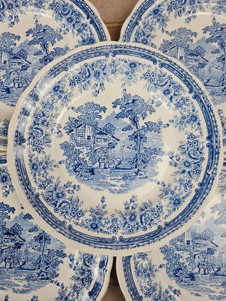 Lot de 6 assiettes plates Kg Lunéville, modèle The Cottage, décor bleu grand feu 🇫🇷