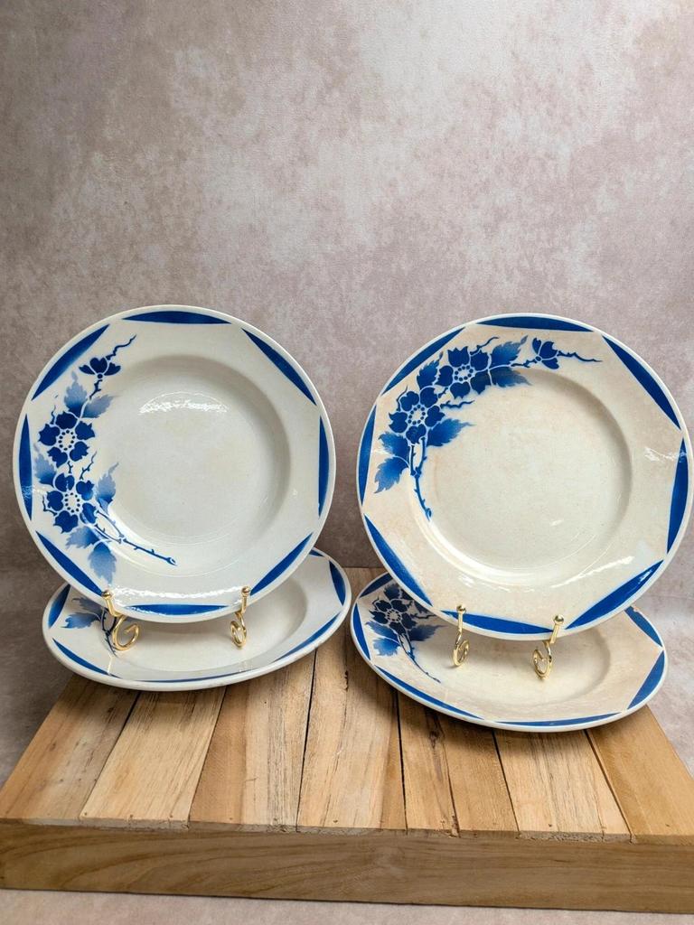 Lot de 4 assiettes Terre de fer Fp Granville – Décor bleu Art déco