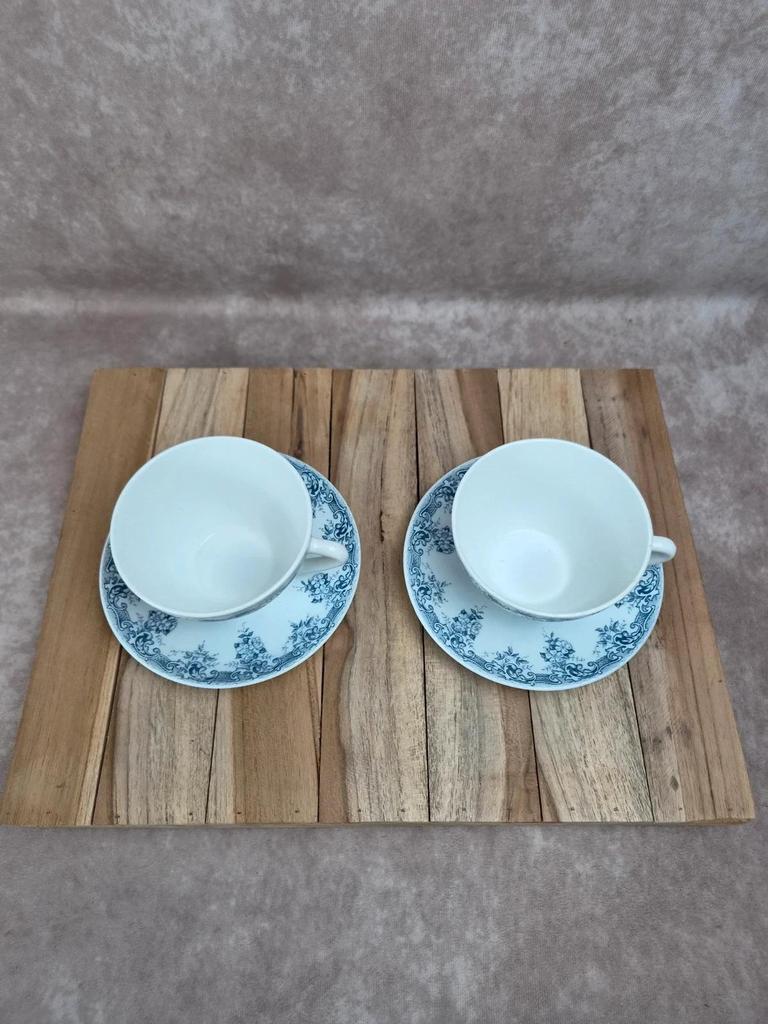 Lot de 2 tasses + 2 sous-tasses Rivanel – décor bleu floral – vintage