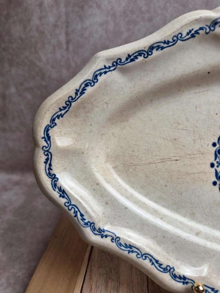 Plat ovale Gien Rouen – faïence ancienne bleu & blanc – milieu Xxe