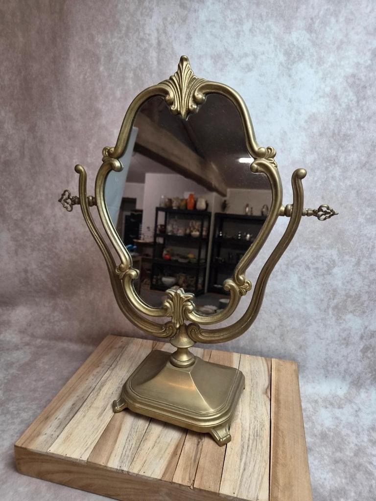 Grand miroir psyché de table en laiton – style Louis Xv rococo – vintage