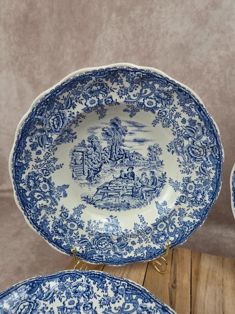 Lot de 4 assiettes creuses vintage Lunéville modèle English – décor Toile de Jouy bleu 💙