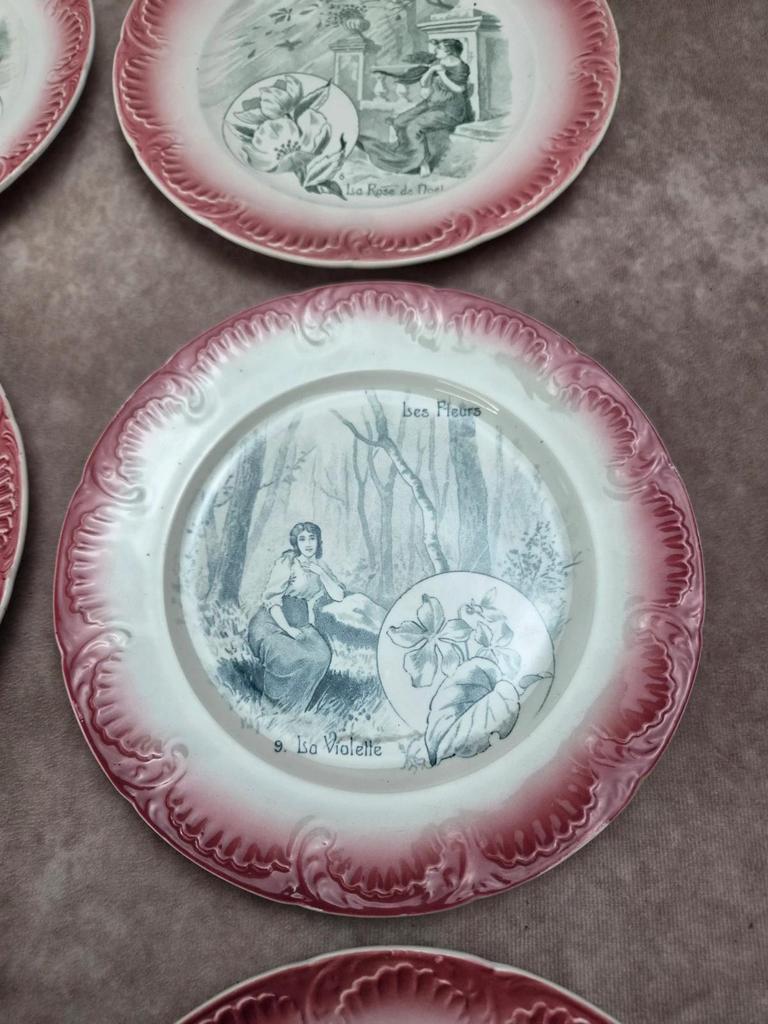 Série complète 12 assiettes parlantes Digoin Sarreguemines, terre de fer, Les Fleurs vintage