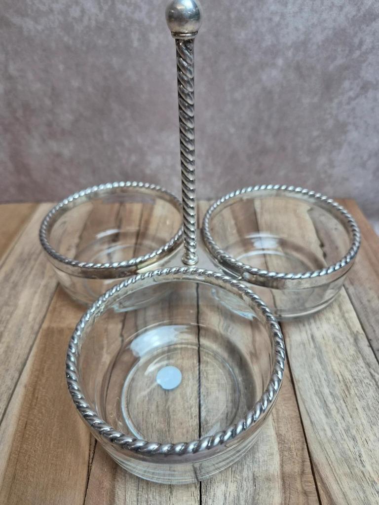Serviteur apéritif vintage en métal argenté et verre Bormioli Rocco Italie