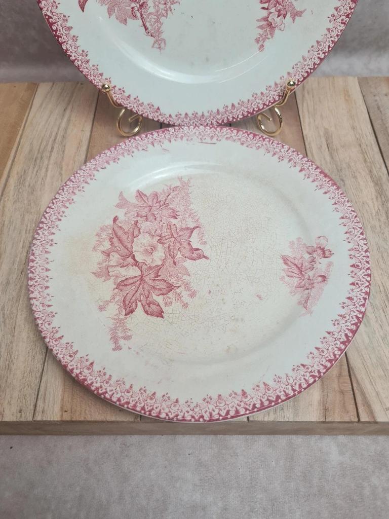 Lot de 2 assiettes à dessert anciennes Églantine Onnaing – décor rouge fleuri 🌿🍓